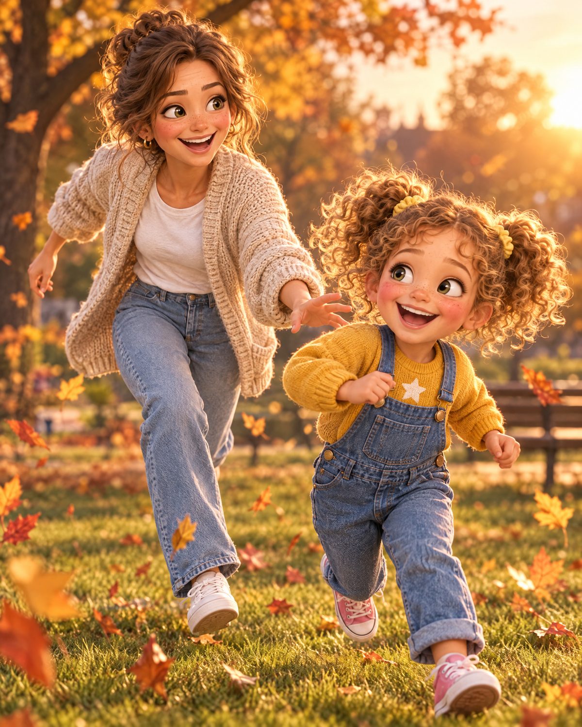 Animated mom playing tag with her daughter in the park