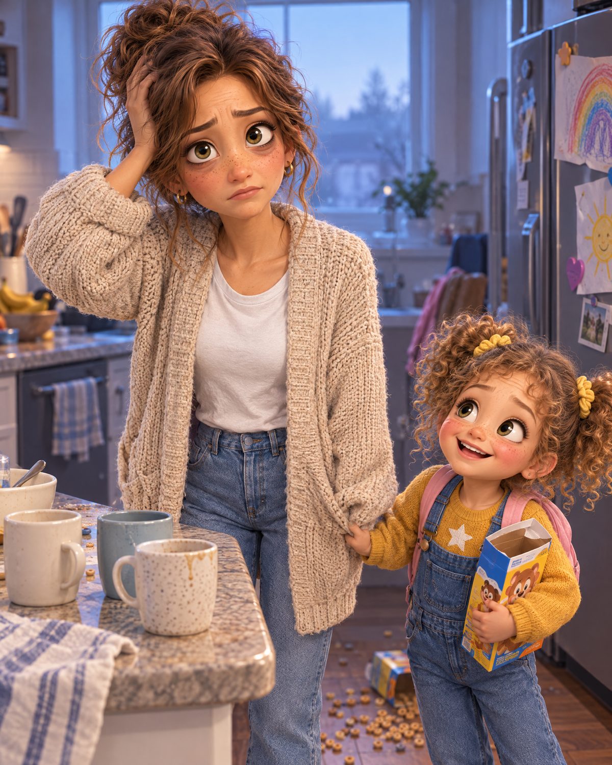 Animated exhausted mom in a messy kitchen