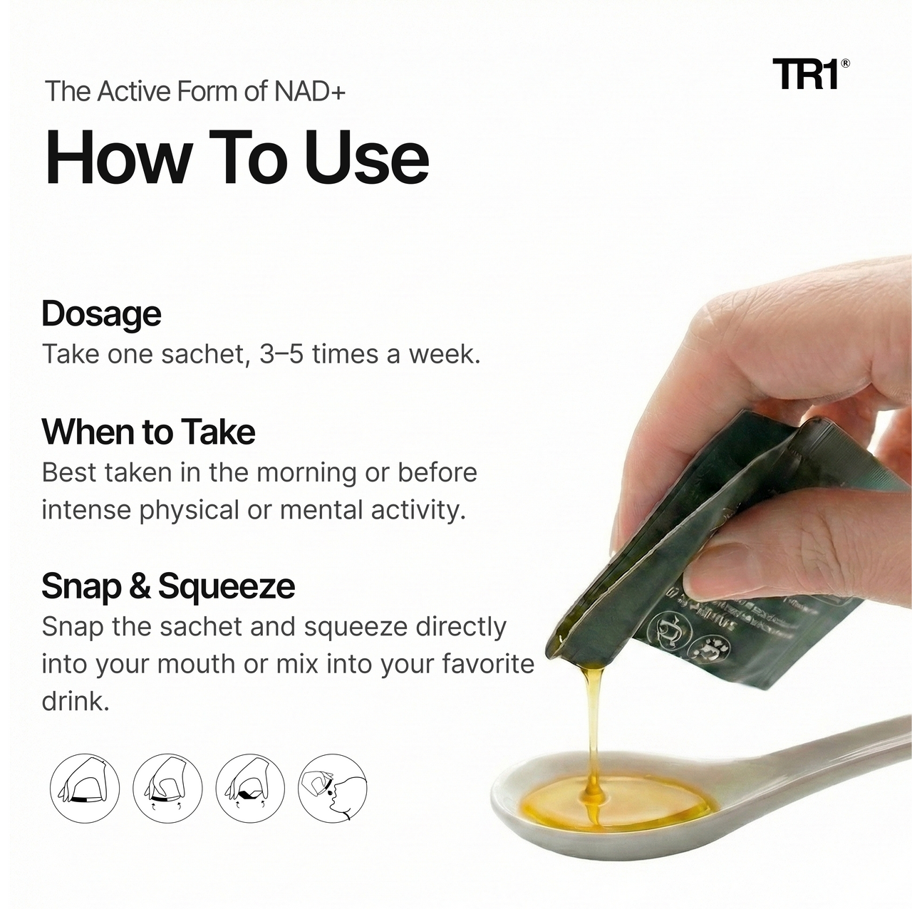 TR1 NAD+ supplement packaging with instructions on how to use it.