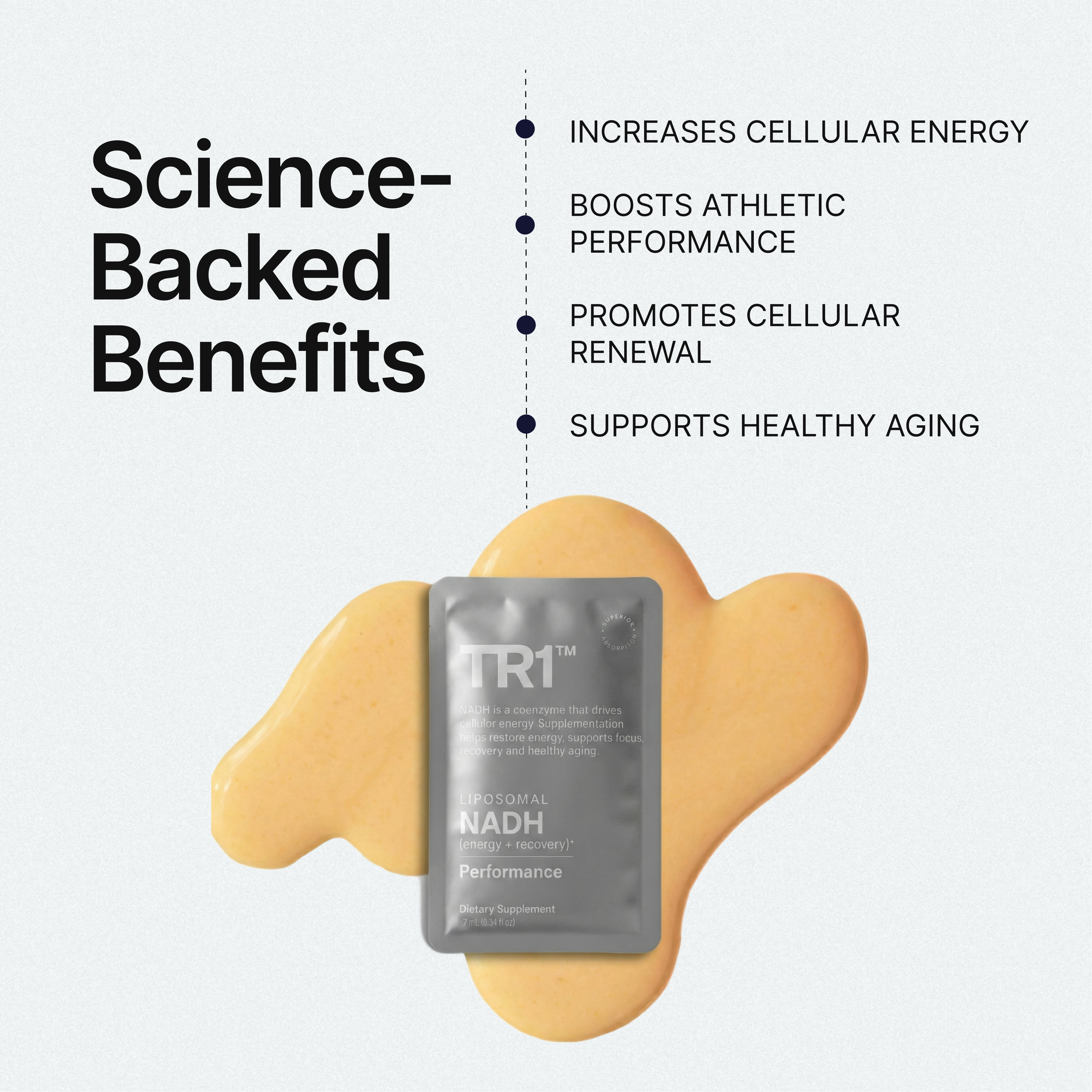 TR1 supplement packet with science-backed benefits listed on a light gray background