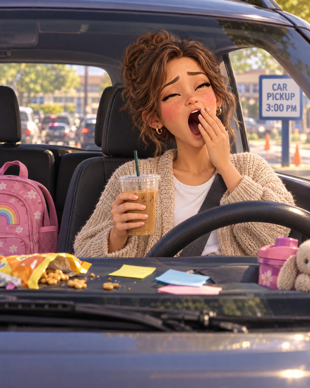 Animated mom yawning in the car pickup line