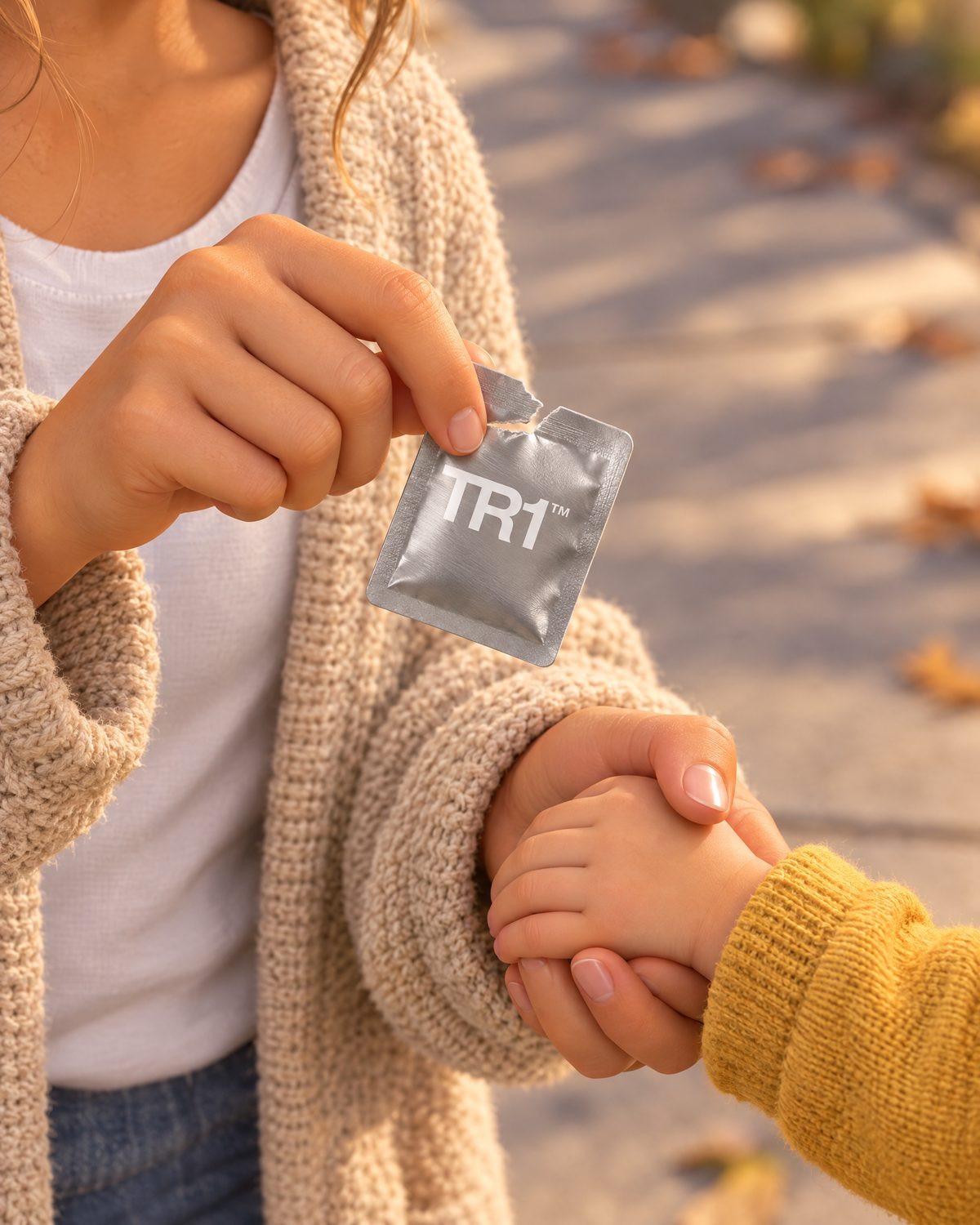Hands snapping a TR1 sachet