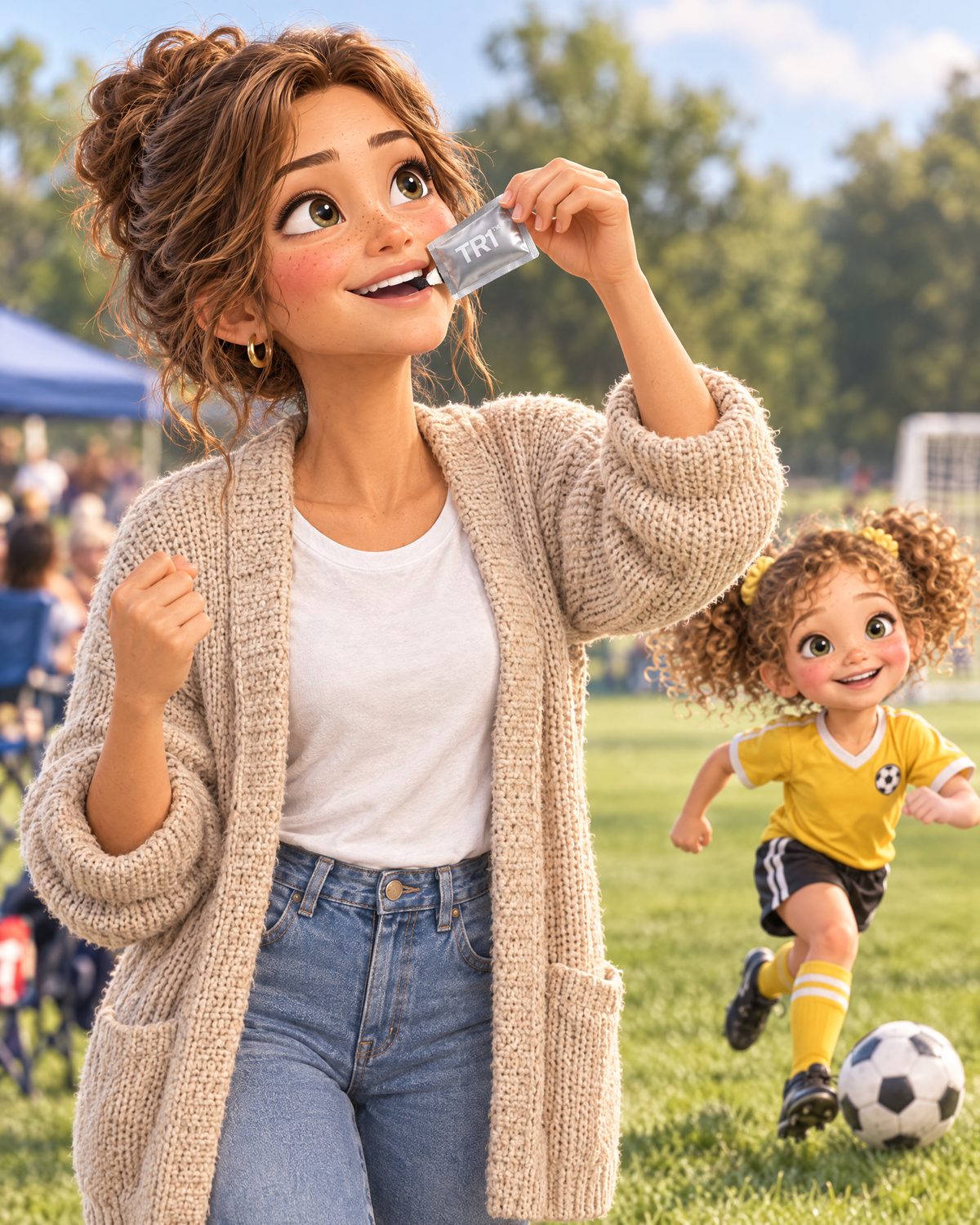 Animated mom taking TR1 at a soccer game